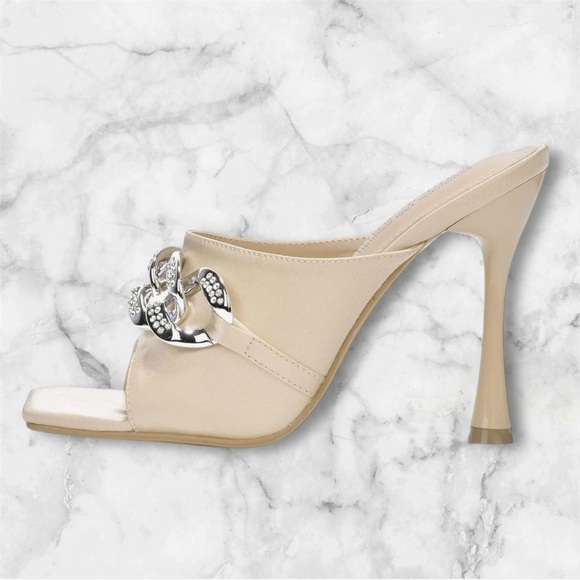 🆕Sexy Satin Stilettos Cream Mules with Rhinestone Embellishment - Picture 4 of 14